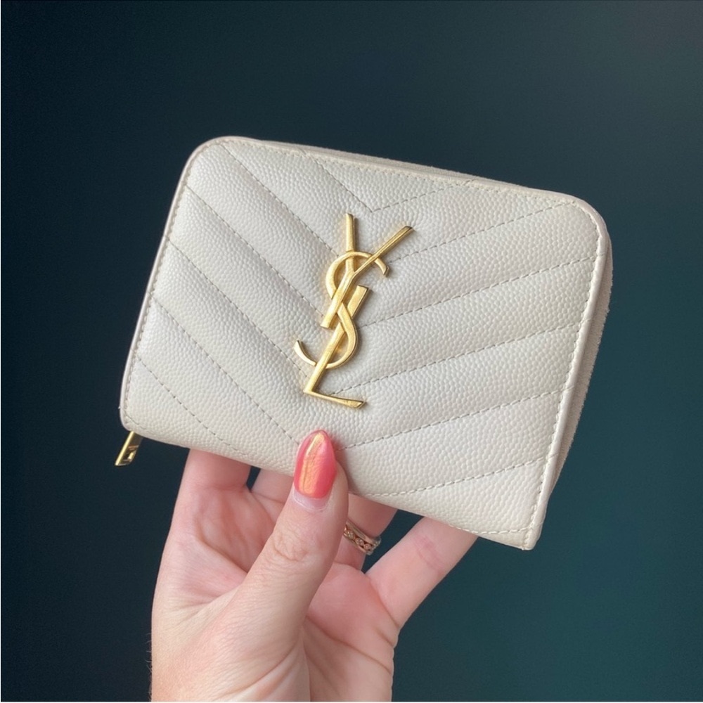 EUC IVORY YSL zip around and snap double wallet